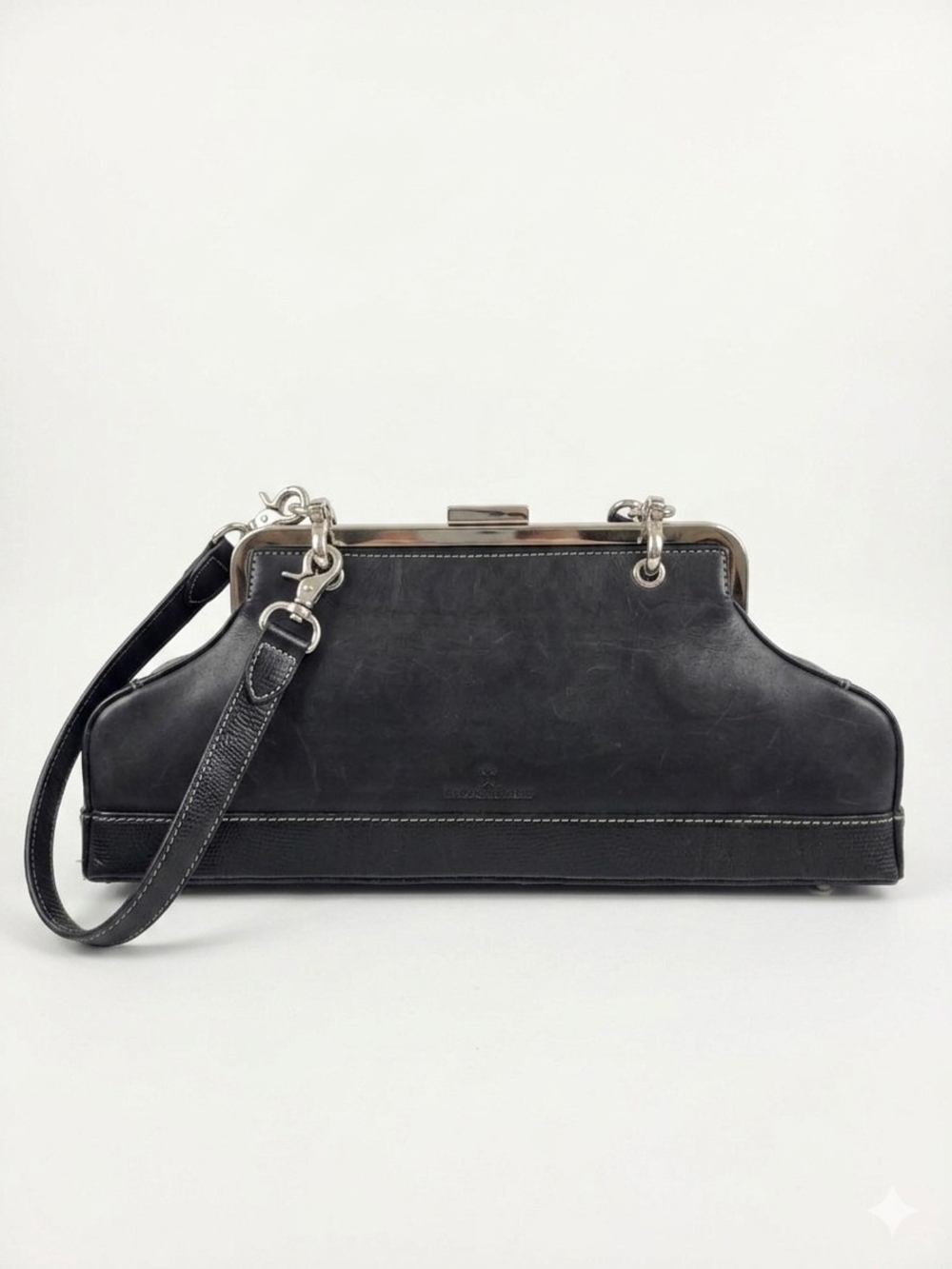 Elegant Black Leather Wristlet Clutch with Silver Hardware